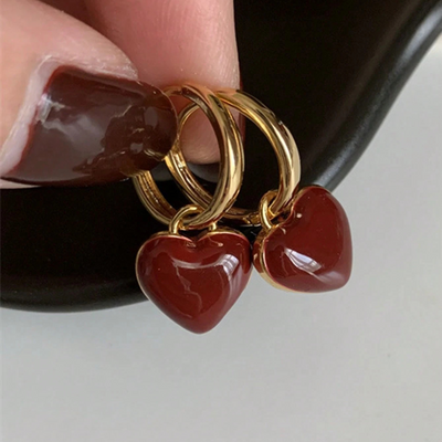 Red Heart Gold Hoop Earrings