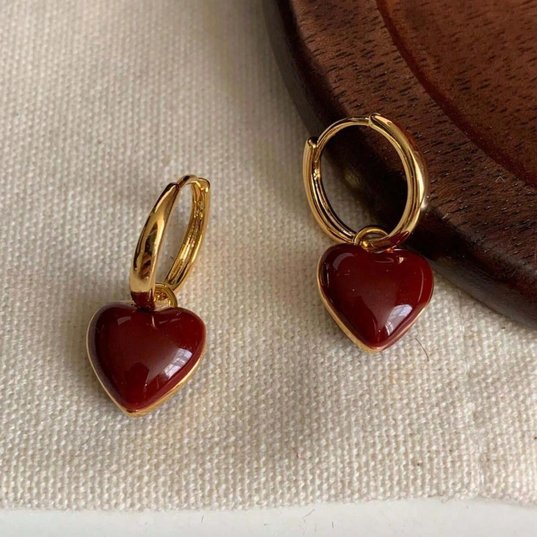 Red Heart Gold Hoop Earrings