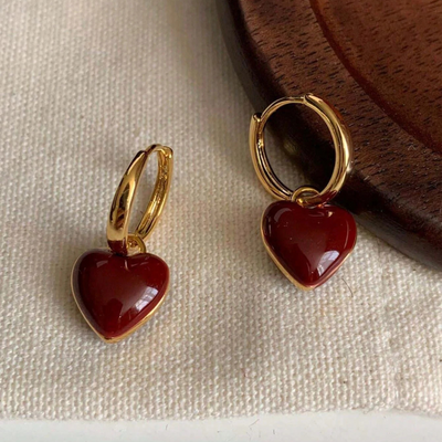 Red Heart Gold Hoop Earrings